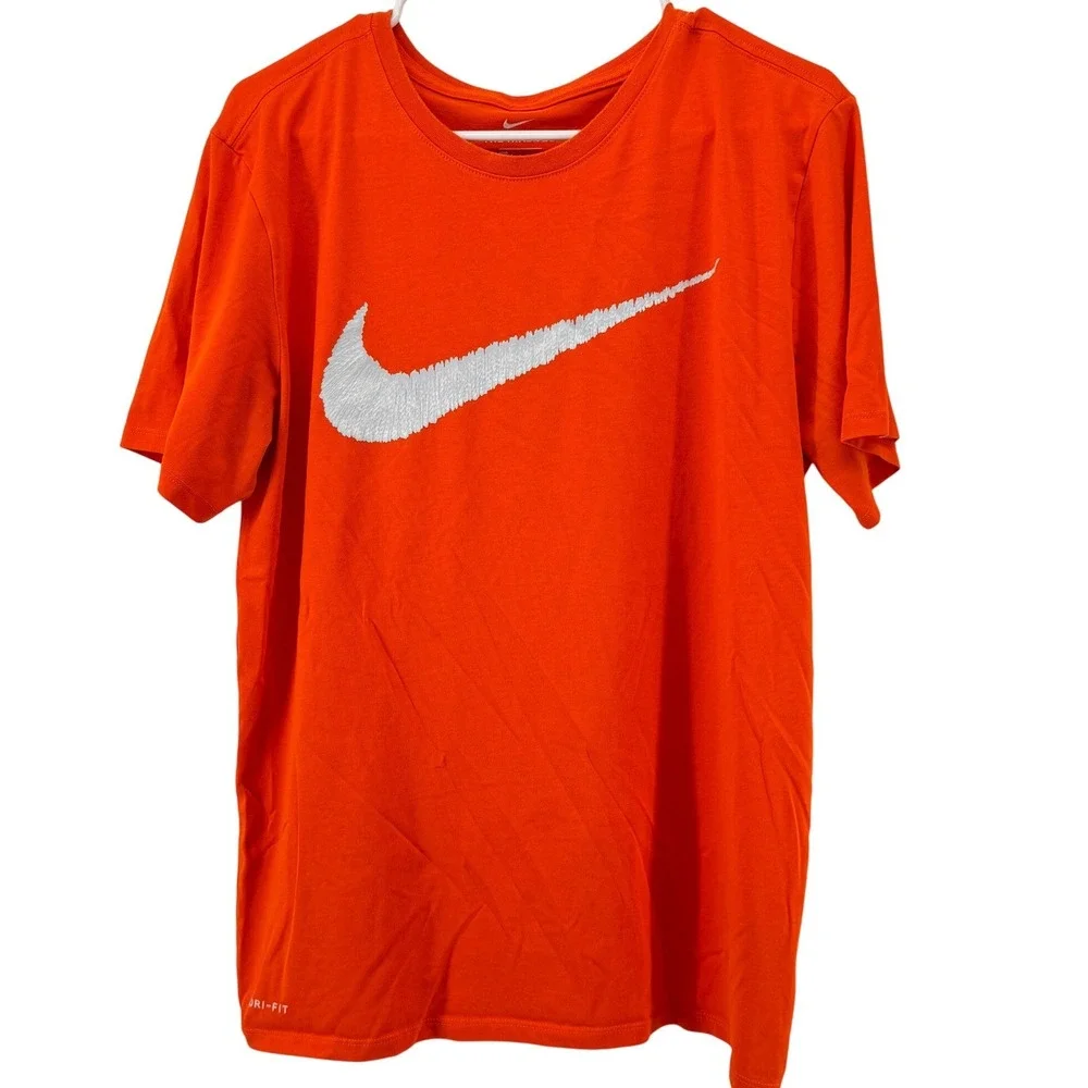 Nike Mens Dri-FIT Embroidered Swoosh Logo T-Shirt Orange Large Athletic Cut‎